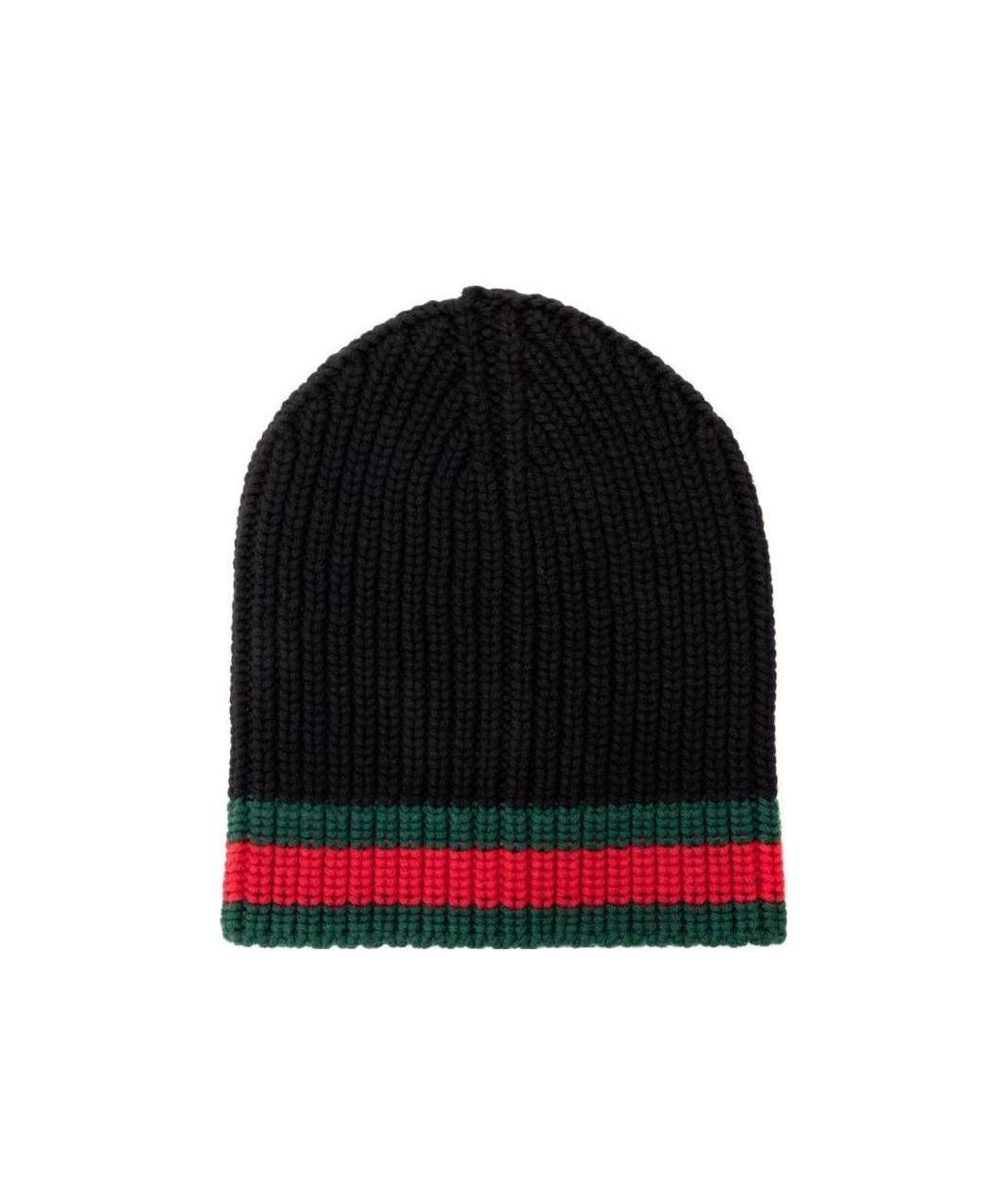 Gucci Ribbed Black Beanie With Striking Greenaccent