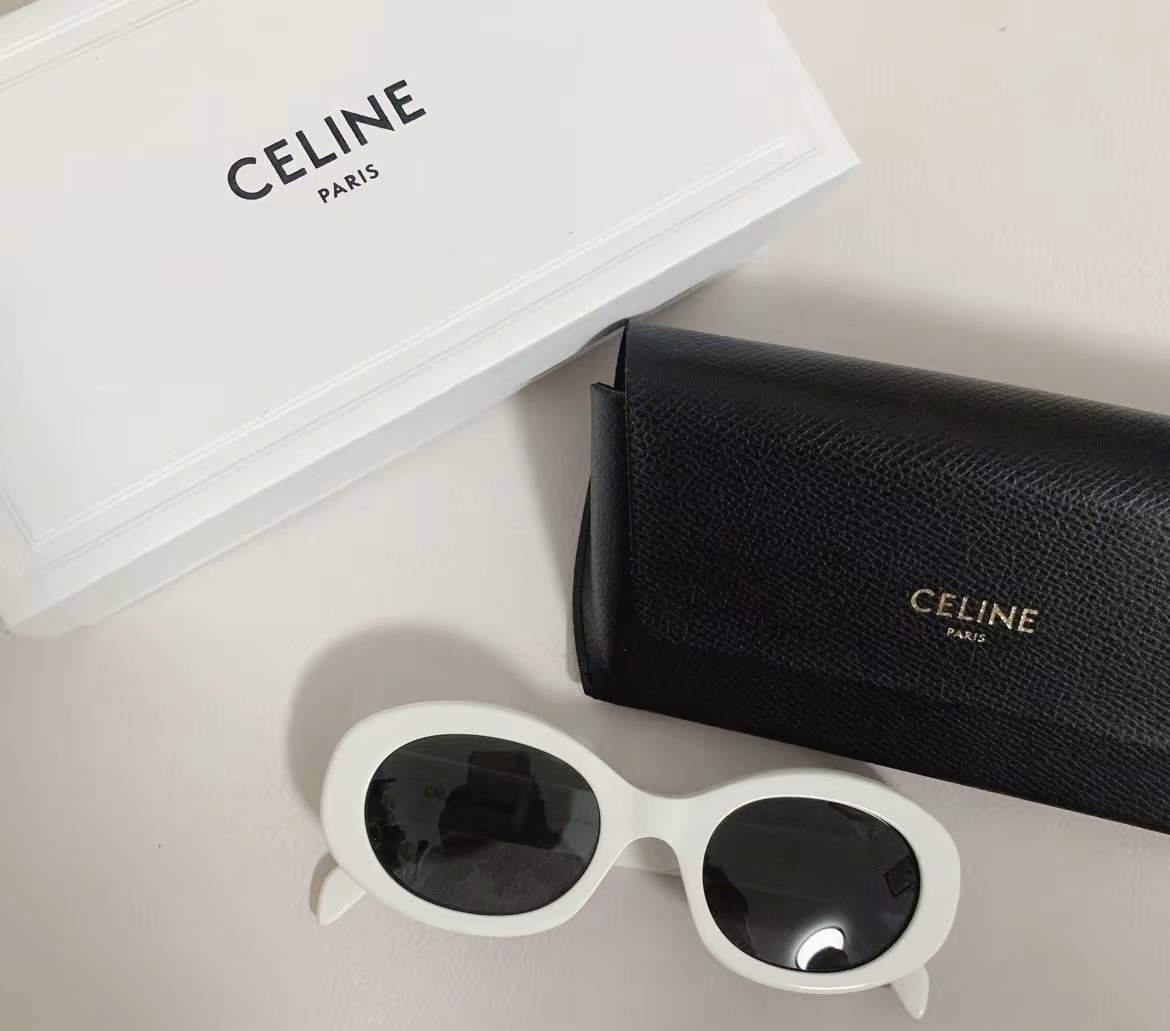 Celine Logo Sign Oval Frame Sunglasses In White