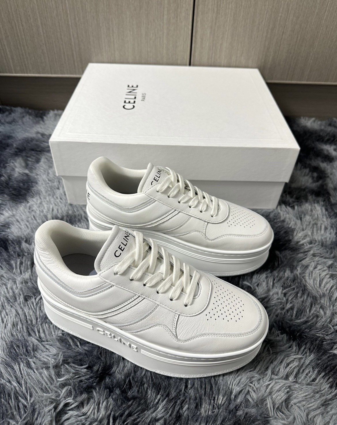 Celine Block Wedge Outsole Sneakers In White