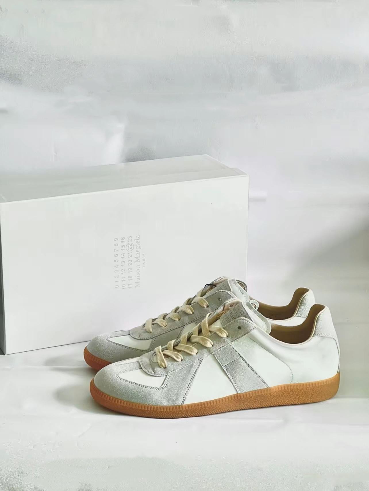 Maison Margiela Off White Leather And Grey Suede Replica Sneakers In White