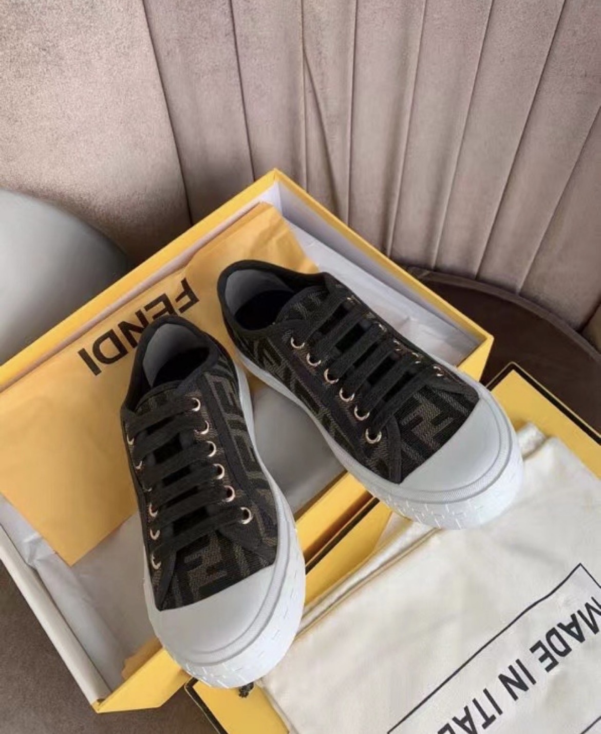 Fendi Men Brown Sneaker With All-over Ff Motif In Fabric Man In Black