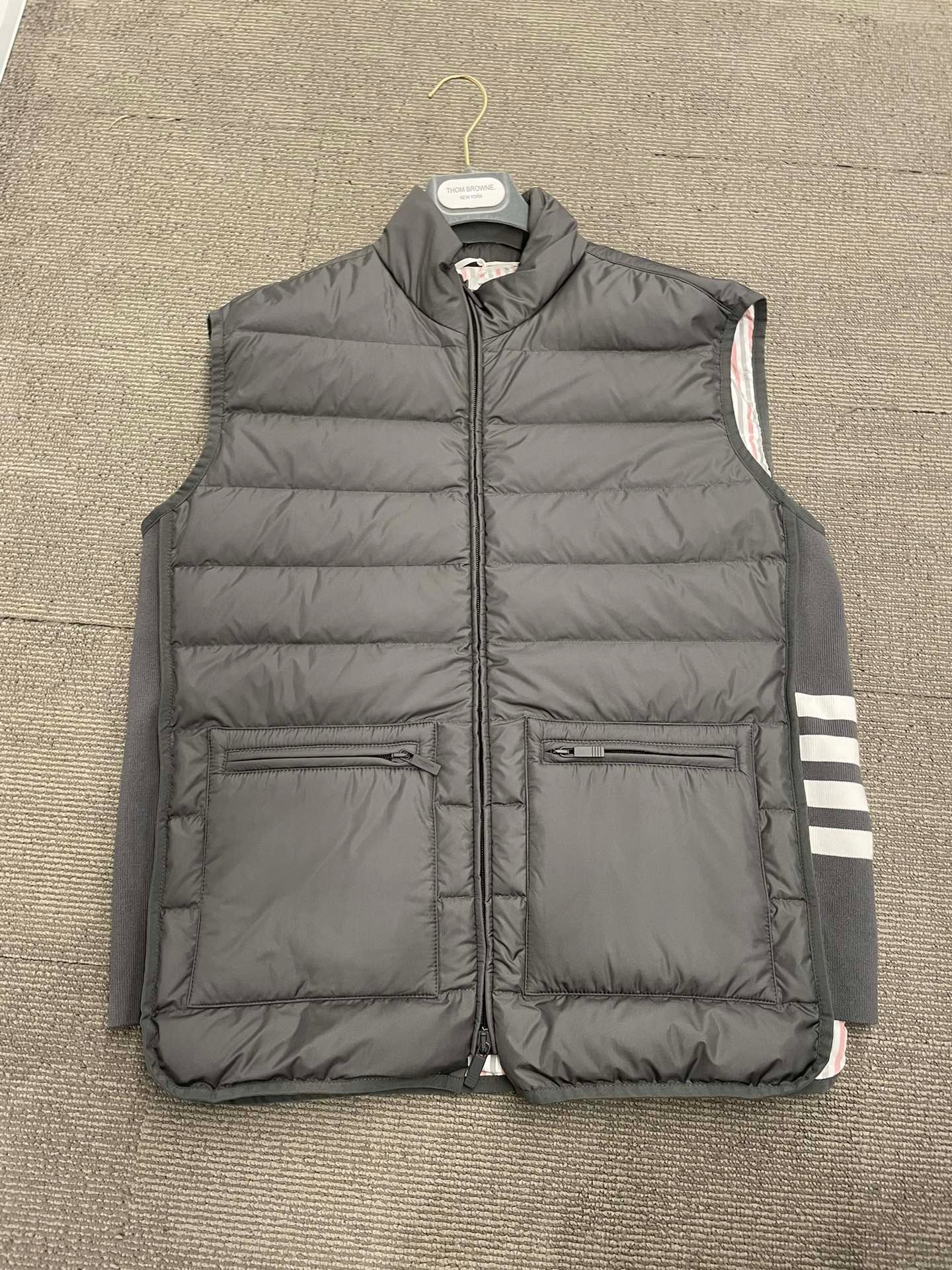 Thom Browne High Collar Padded Vest With Horizontal Quilting In Gray