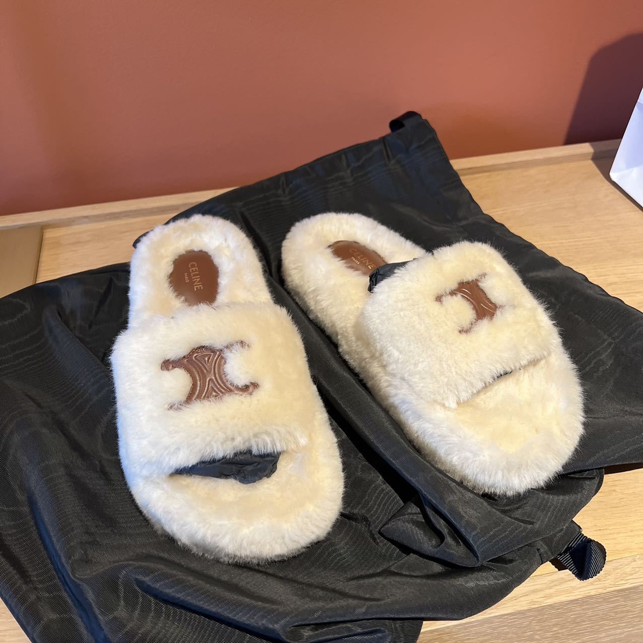 Celine Triomphe Wool Sheepskin Slippers In Nude