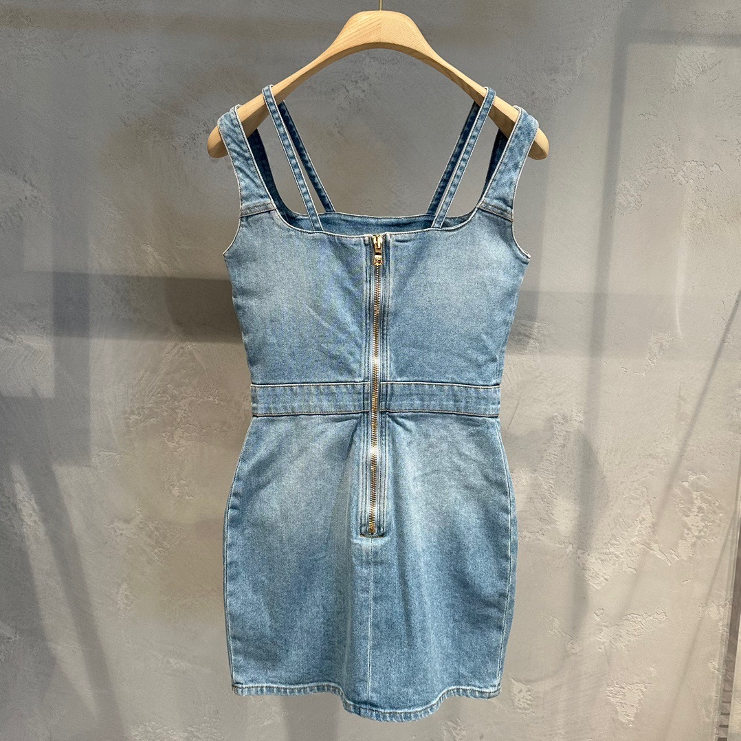 Balmain Button-embellished Stretch-denim Mini Dress In Blue