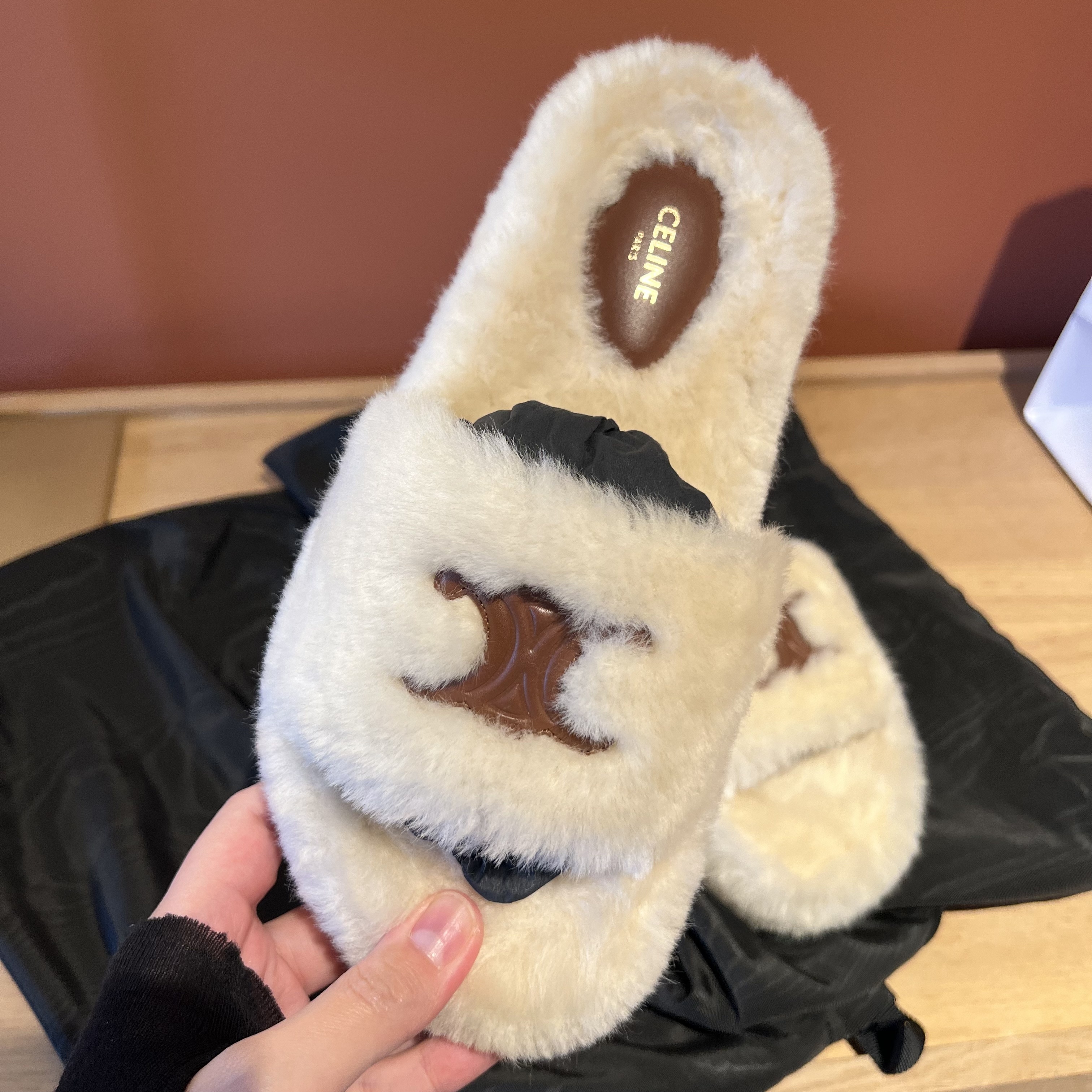 Celine Triomphe Wool Sheepskin Slippers In Nude