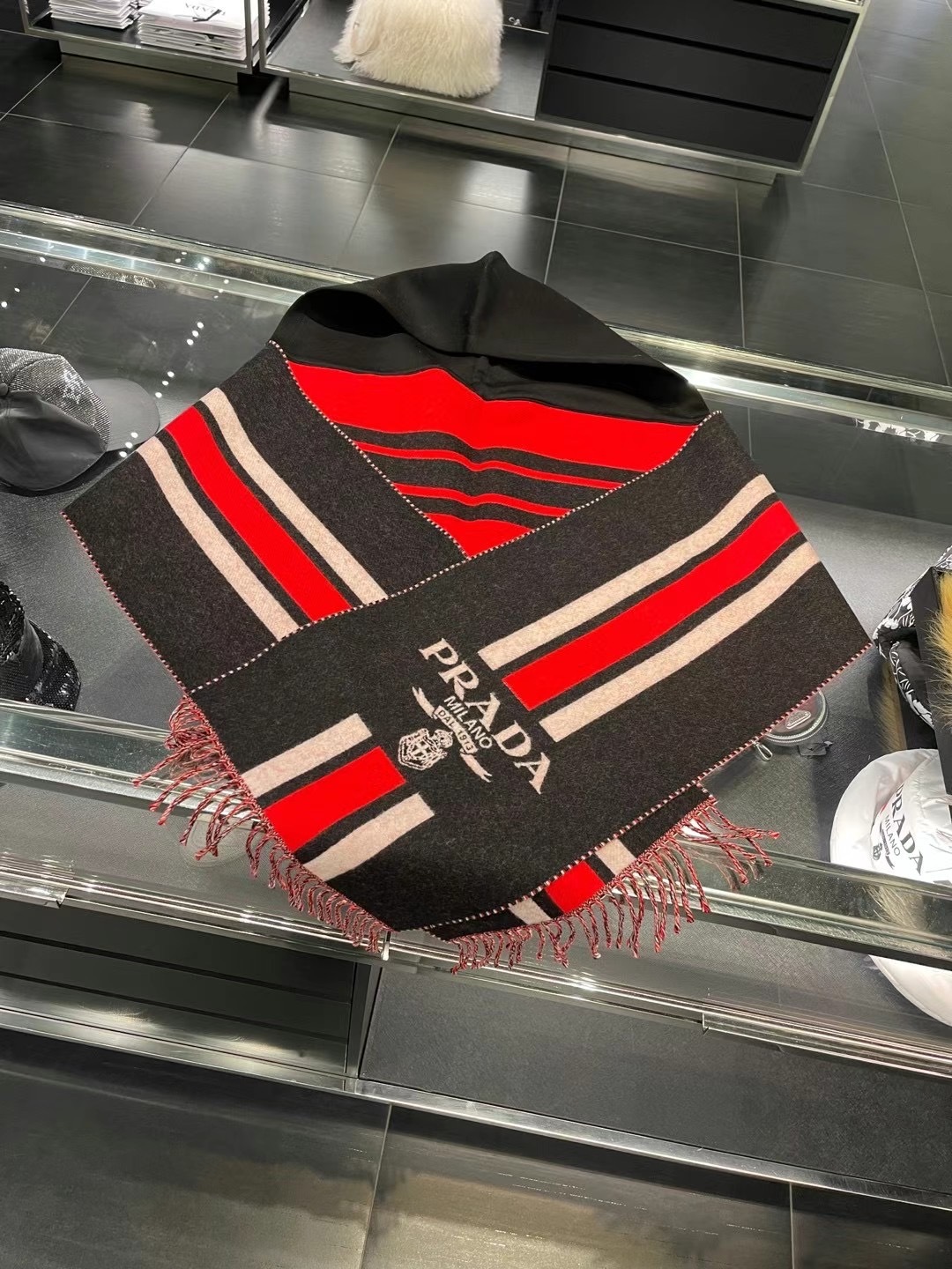 Prada Black Embroidered Wool Scarf In Black