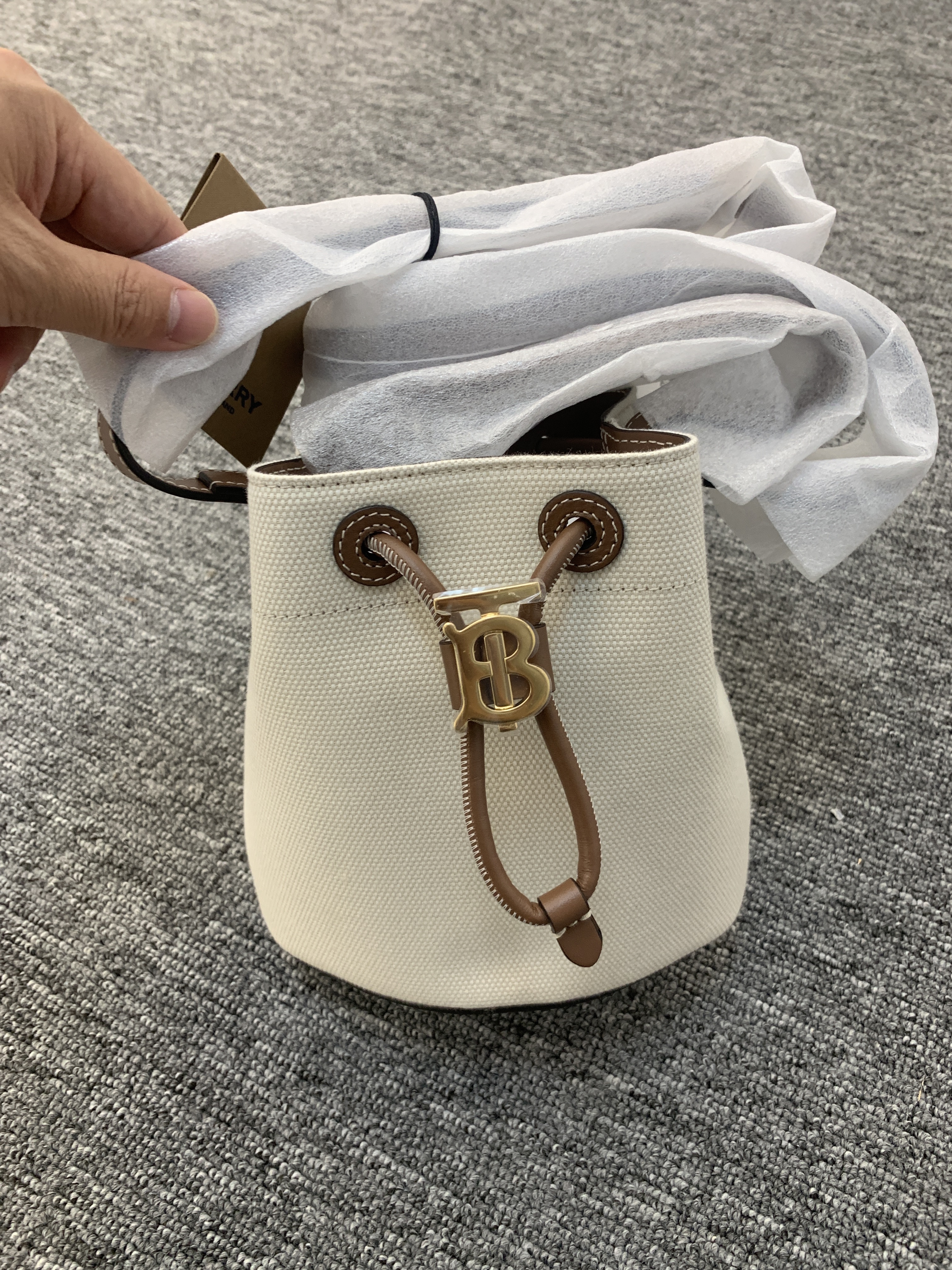 Burberry Mini Drawstring Canvas Bucket Bag In Nude