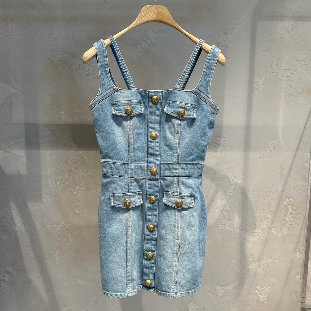 Balmain Button-embellished Stretch-denim Mini Dress In Blue