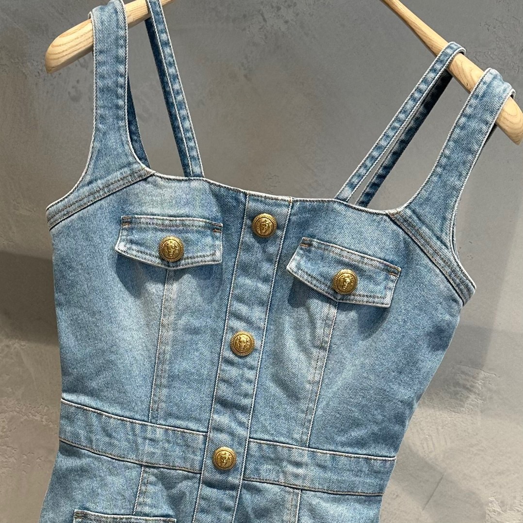 Balmain Button-embellished Stretch-denim Mini Dress In Blue