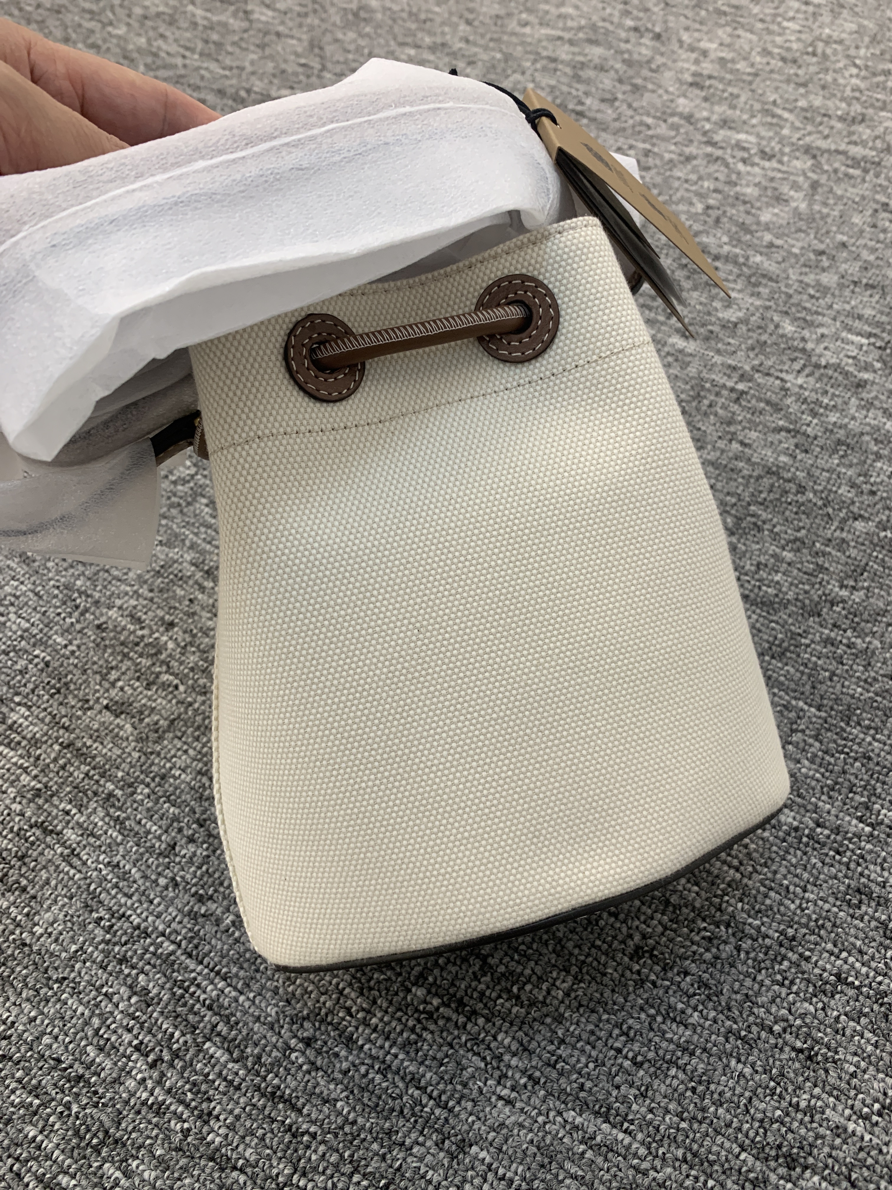 Burberry Mini Drawstring Canvas Bucket Bag In Nude