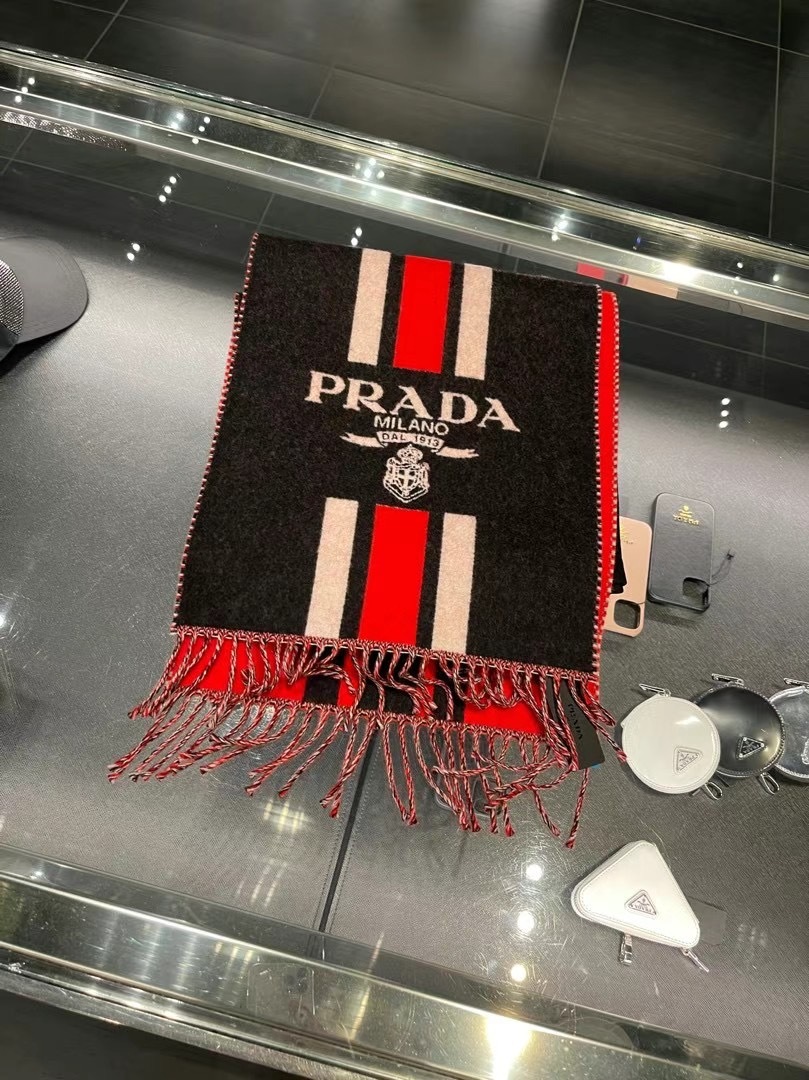 Prada Black Embroidered Wool Scarf In Black