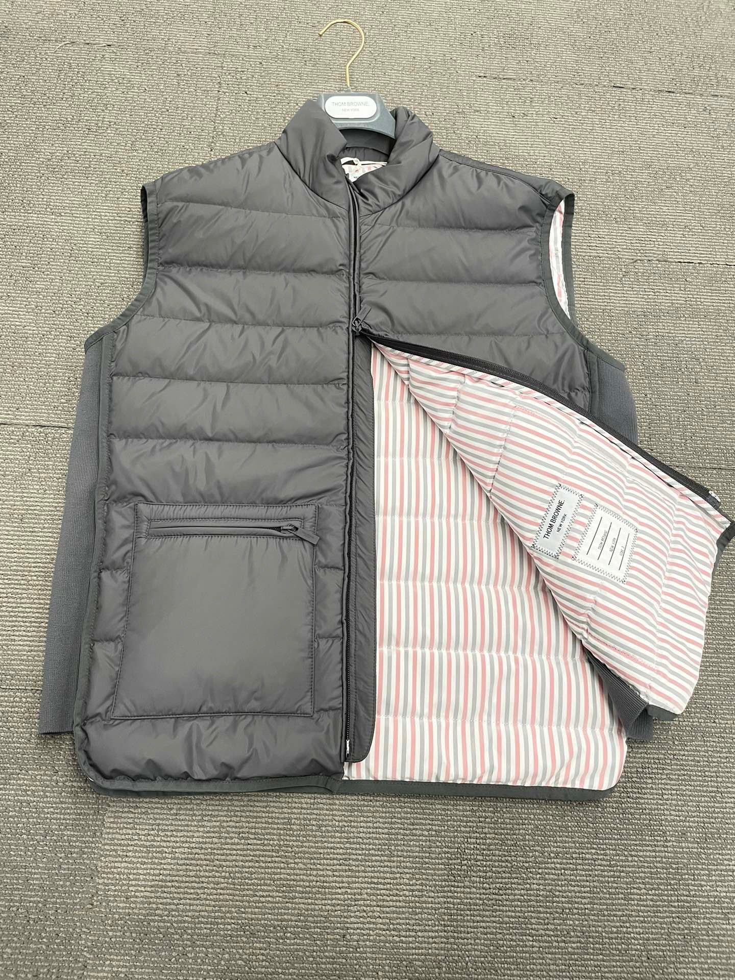 Thom Browne High Collar Padded Vest With Horizontal Quilting In Gray