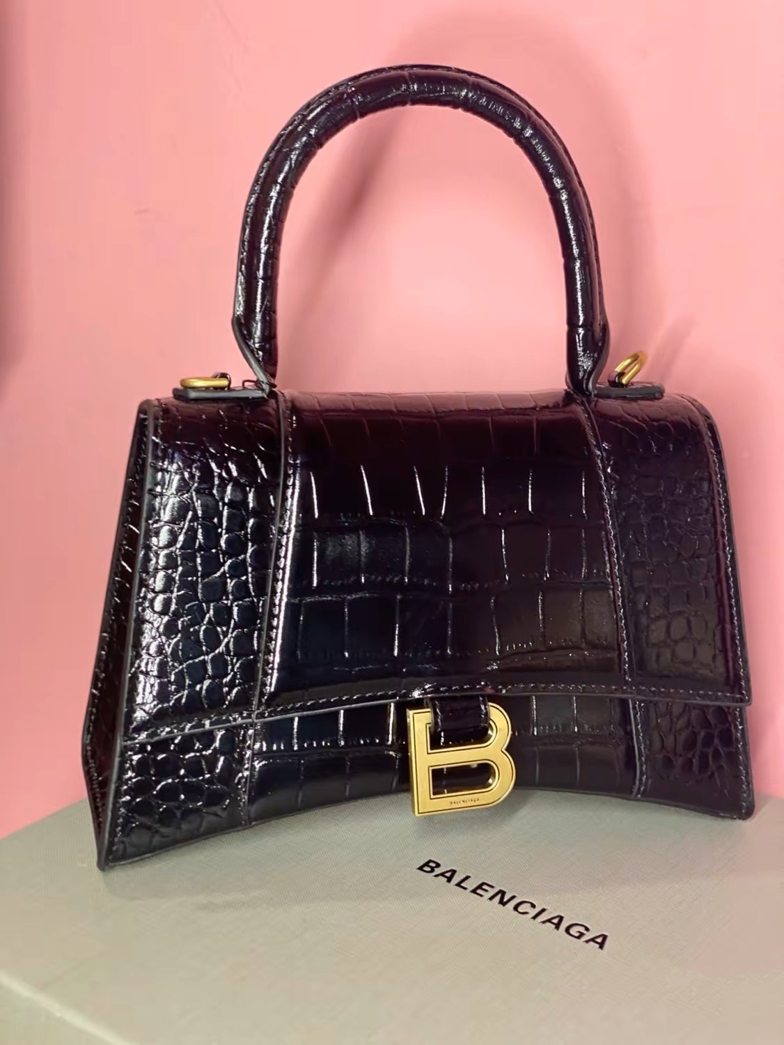 Balenciaga Borsa Hourglass Small Con Lavorazione Coccodrillo Da Donna In Nero In Black
