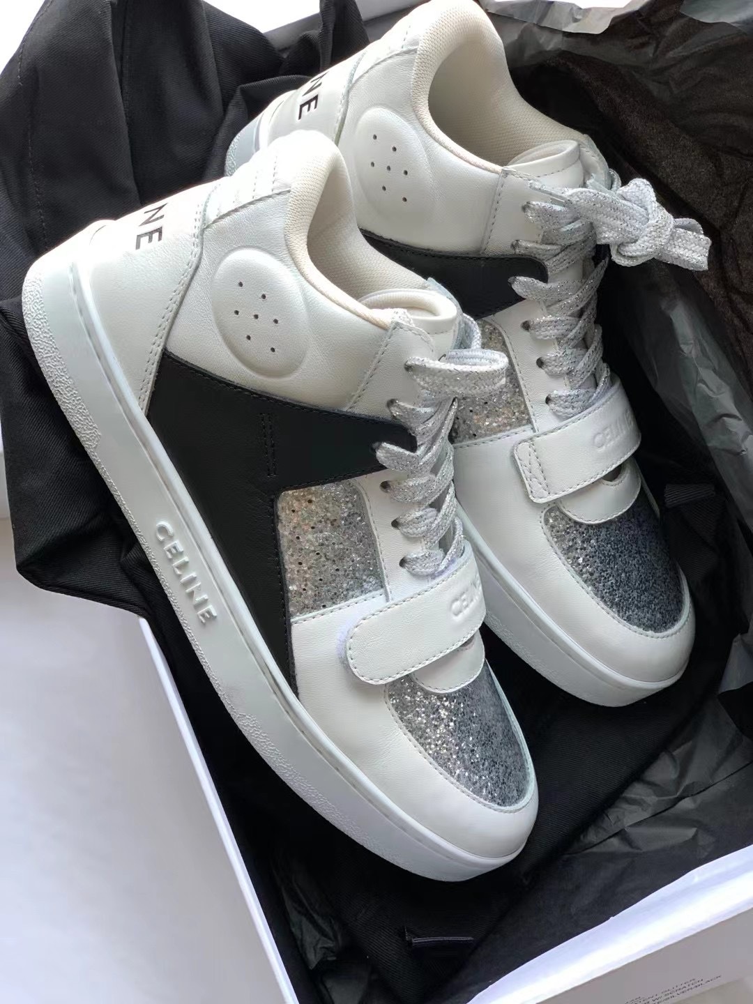 Celine Ct-02 Mid Calfskin Scratched Sneakers In White