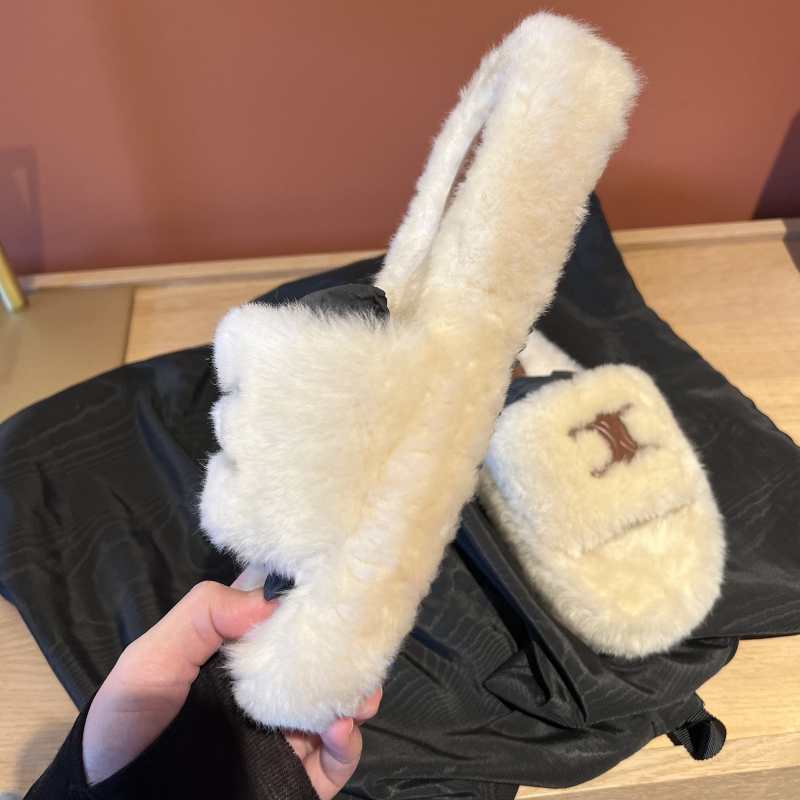 Celine Triomphe Wool Sheepskin Slippers In Nude
