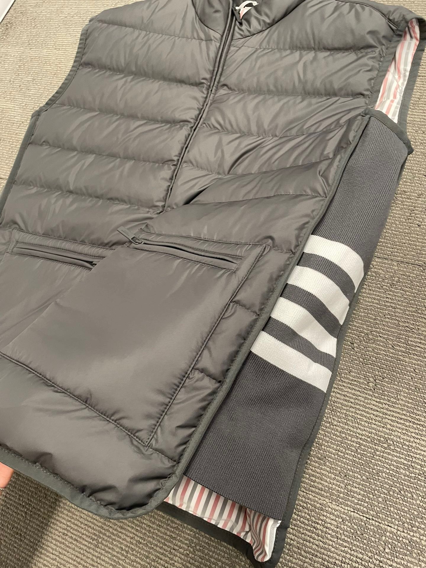 Thom Browne High Collar Padded Vest With Horizontal Quilting In Gray